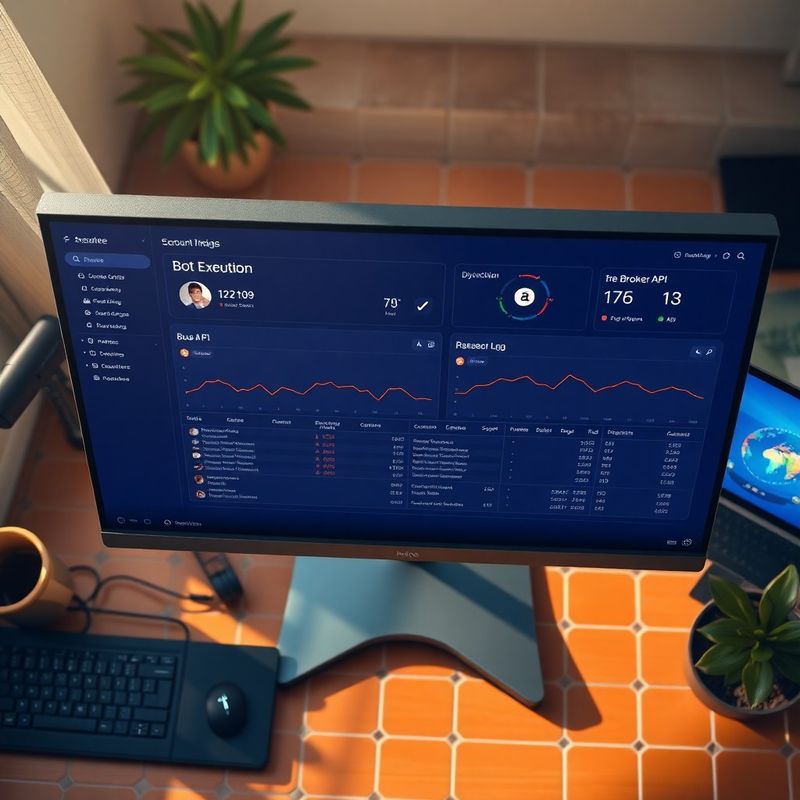 Escritorio de desarrollador con dashboard índigo mostrando la ejecución de un bot de trading