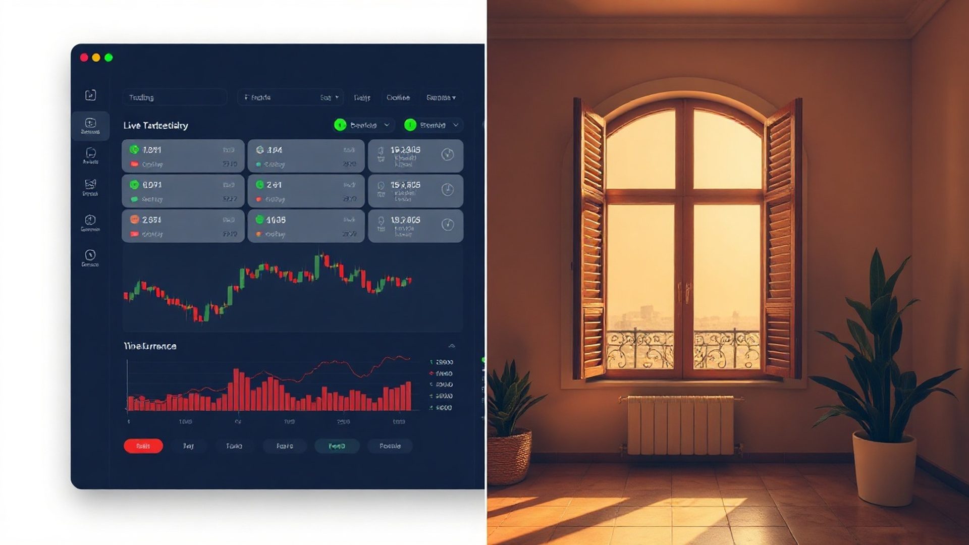 Panel de trading índigo conectado a un bróker, con luz mediterránea al fondo