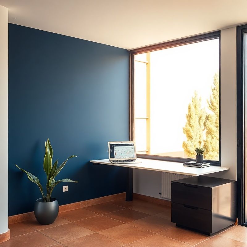 Recepción moderna en oficina de Palma con pared índigo y luz mediterránea